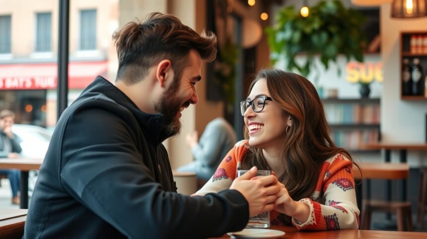 Fiatal pár nevet, míg kávézóban ülnek, harmadik randin.
