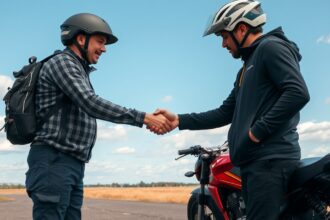 Két motoros férfi kezet fog a szabadban, a bizalom és együttműködés szimbólumaként.