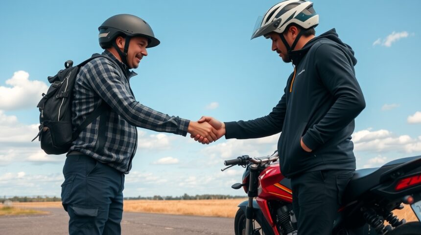 Két motoros férfi kezet fog a szabadban, a bizalom és együttműködés szimbólumaként.