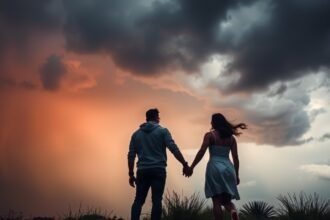 Pár együtt a nehéz időkben, küzdve a viharos felhőkkel.