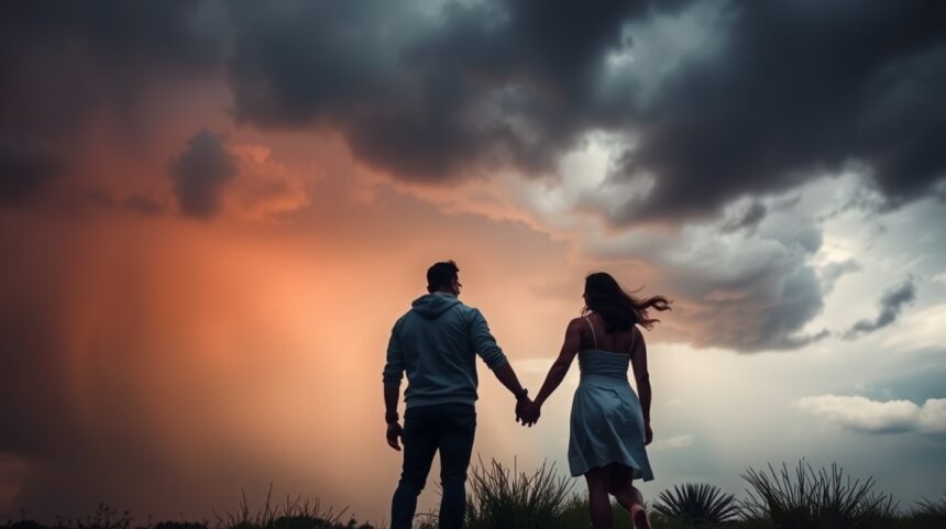 Pár együtt a nehéz időkben, küzdve a viharos felhőkkel.