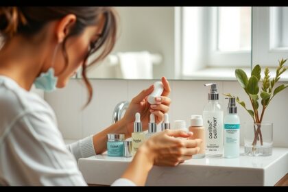 Nő arcápolási rutinját alakítja a fürdőszobában.