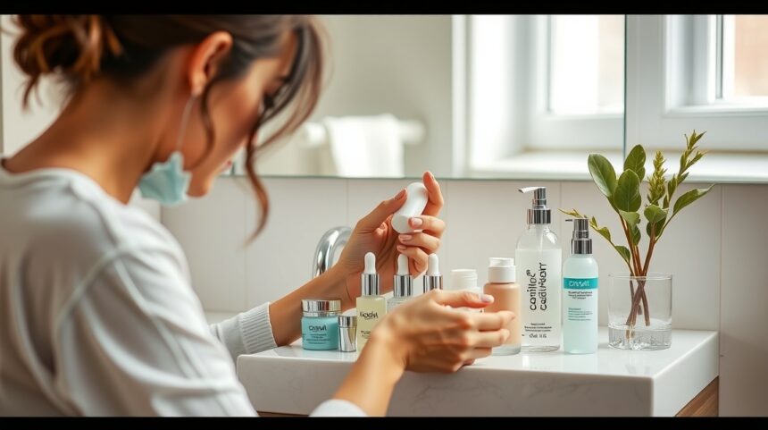 Nő arcápolási rutinját alakítja a fürdőszobában.