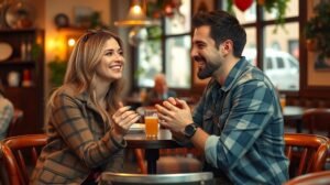 Fiatal pár beszélget egy kávézóban, flörtölés és vonzalom.