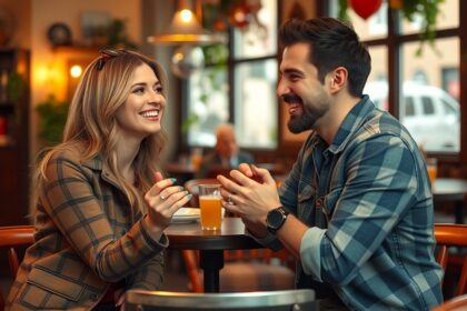 Fiatal pár beszélget egy kávézóban, flörtölés és vonzalom.
