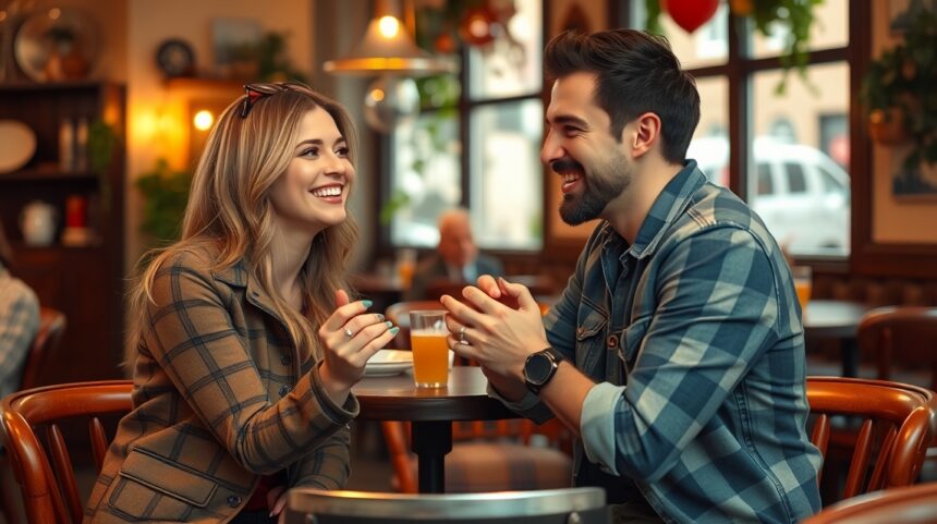 7 játékos trükk a vonzalom kialakításához 1 Fiatal pár beszélget egy kávézóban, flörtölés és vonzalom.