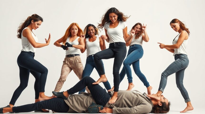 Nők együttműködnek és erőt mutatnak férfiakkal szemben.