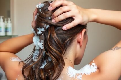 Hajmosás közben samponnal kezelt haj, amely károsíthatja a haj állapotát.