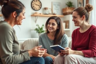 Nők baráti beszélgetése az érzelmi biztonságról a párkapcsolatban.