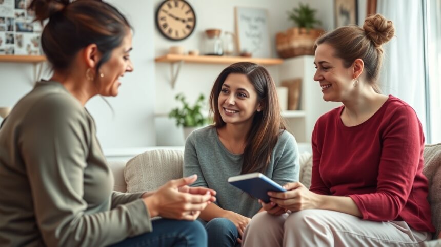 Nők baráti beszélgetése az érzelmi biztonságról a párkapcsolatban.