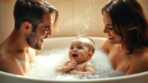 Boldog család közös fürdése a babával, élmény és kötődés