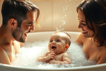 Boldog család közös fürdése a babával, élmény és kötődés