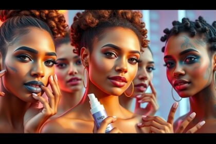 Három nő bőrápolási termékekkel, modern szépségápolási trendek.