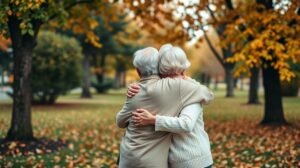 Idős pár ölelése a természetben, az öregedés elfogadása mellett.