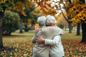 Idős pár ölelése a természetben, az öregedés elfogadása mellett.