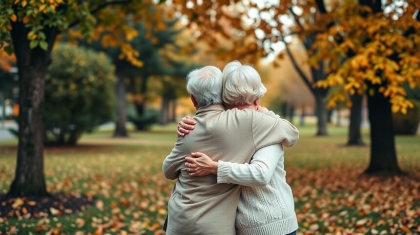 Idős pár ölelése a természetben, az öregedés elfogadása mellett.