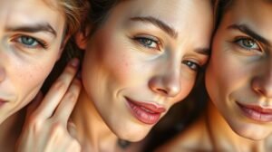 Három arcbőr különböző típusának bemutatása, közelkép.