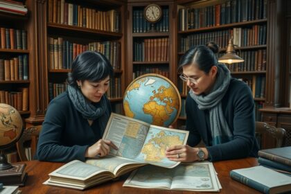 Két nő közösen tanul nyelvet, térképeket és könyveket használva.