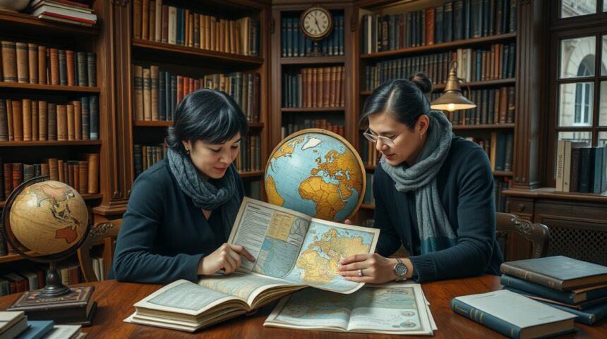 Két nő közösen tanul nyelvet, térképeket és könyveket használva.