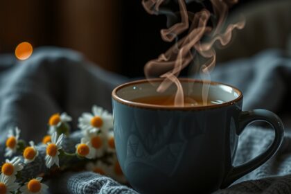 Gőzölgő kamillás tea a pihenéshez és az alvás javításához.