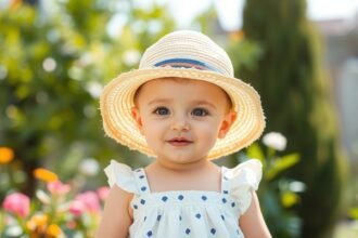 Gyerek barát szalmakalap és nyári ruha virágos kertben