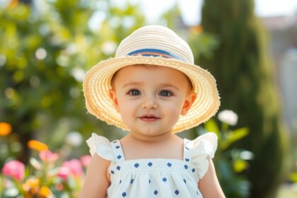 Gyerek barát szalmakalap és nyári ruha virágos kertben