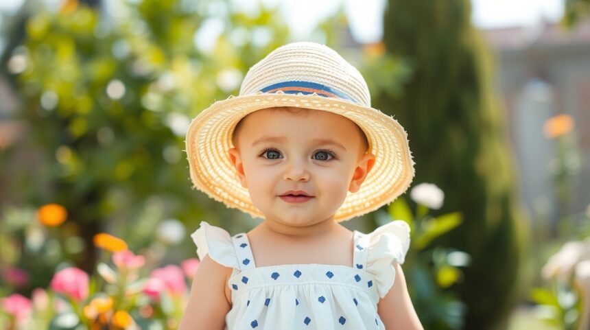 Gyerek barát szalmakalap és nyári ruha virágos kertben