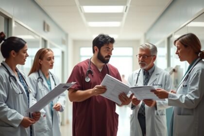 Orvosok megbeszélés közben egy kórházi folyosón