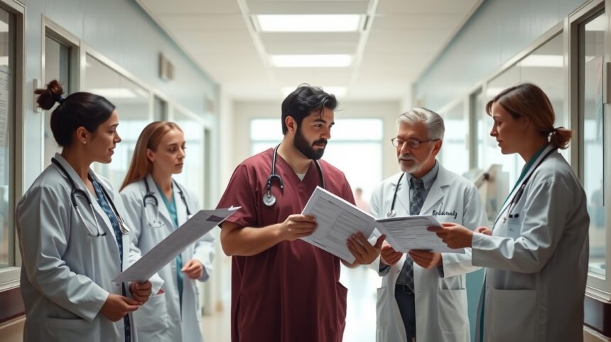 Orvosok megbeszélés közben egy kórházi folyosón