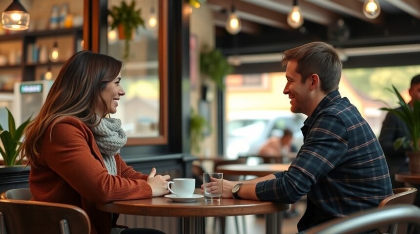 Fiatal pár beszélget egy kávézóban az első randin.