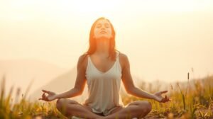 womensway 142 Nő meditál a naplementében, női energiájának felszabadítása érdekében.