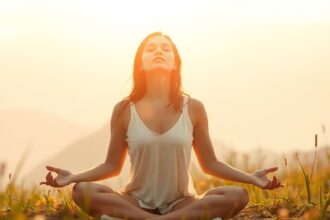 Nő meditál a naplementében, női energiájának felszabadítása érdekében.