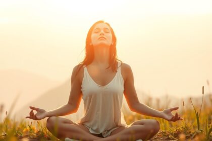 Nő meditál a naplementében, női energiájának felszabadítása érdekében.