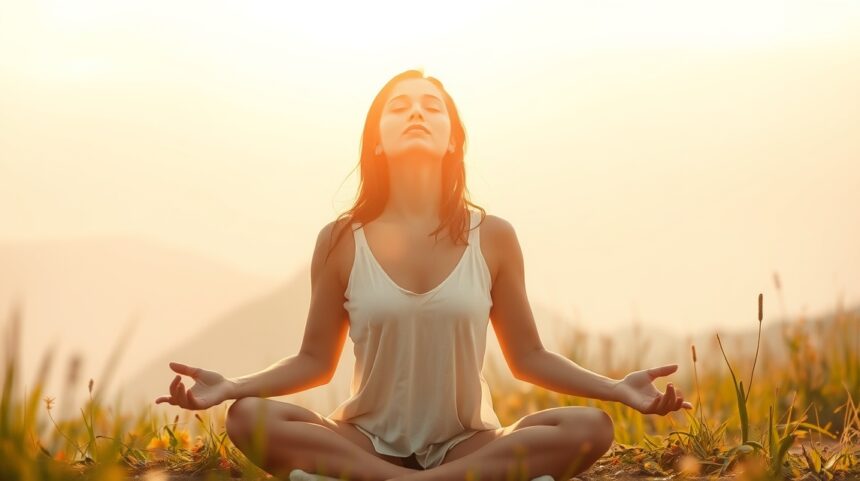 Ha ki szeretnéd aknázni a nőies energiáidat, kerüld el ezt a 8 szokást. 1 Nő meditál a naplementében, női energiájának felszabadítása érdekében.