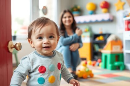 Baba mosolyog a bölcsőde bejáratánál, míg egy felnőtt figyeli.