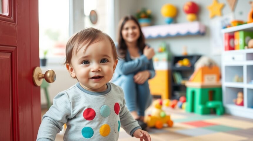 Baba mosolyog a bölcsőde bejáratánál, míg egy felnőtt figyeli.
