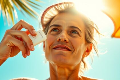 Nő napernyő alatt fényvédőt alkalmaz a meleg hónapokban.