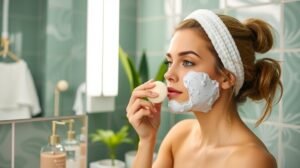 womensway 128 Nő arctisztító kefét használ a fürdőszobában