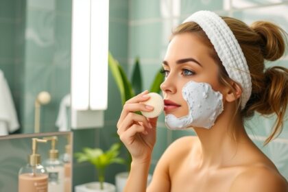 Nő arctisztító kefét használ a fürdőszobában