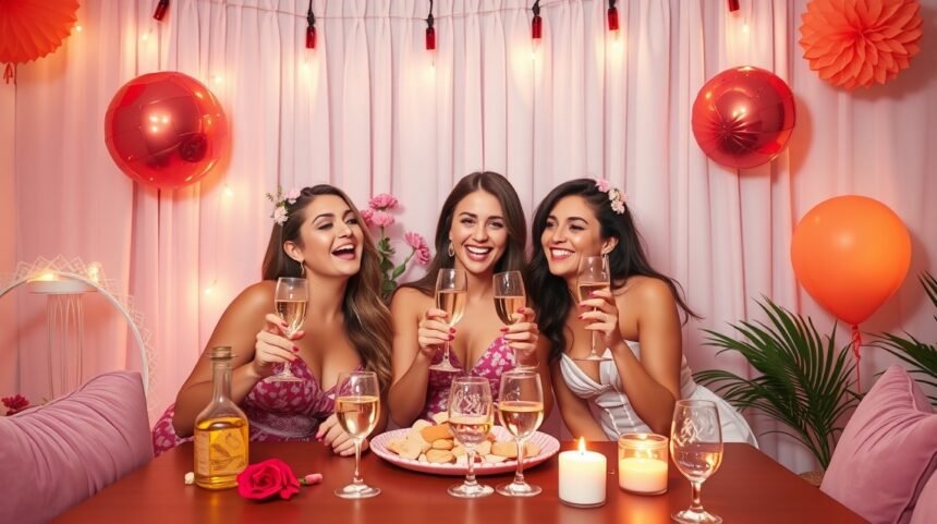 Három barátnő ünnepli a leánybúcsút pezsgővel és süteménnyel.