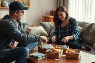 Két ember a közös vagyon megosztását tárgyalja, barátságos légkörben.