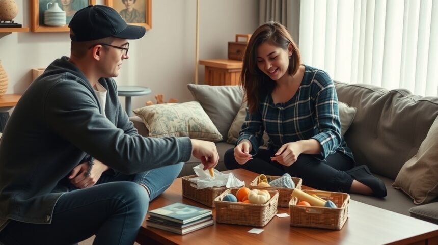 Két ember a közös vagyon megosztását tárgyalja, barátságos légkörben.