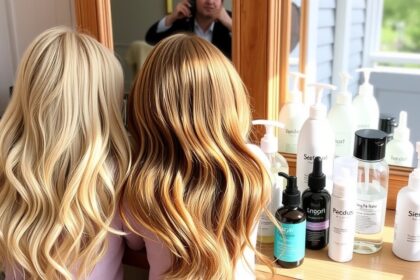 Szőke és vörös haj a tükör előtt hajápoló termékekkel.