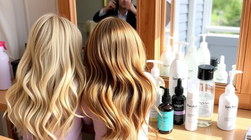 Szőke és vörös haj a tükör előtt hajápoló termékekkel.