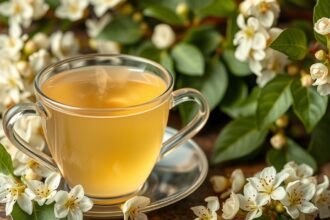 Hársfatea bögre háttérben hársvirágokkal.