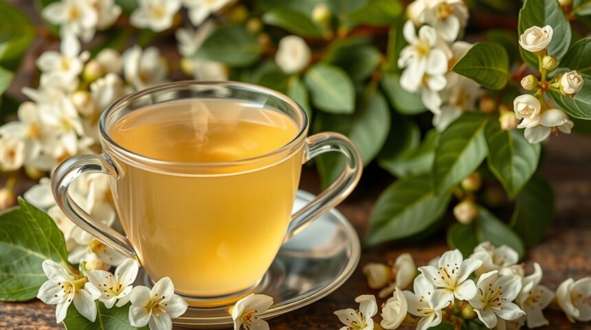 Hársfatea bögre háttérben hársvirágokkal.