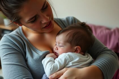 Anyuka szoptatja csecsemőjét egy kényelmes szobában.