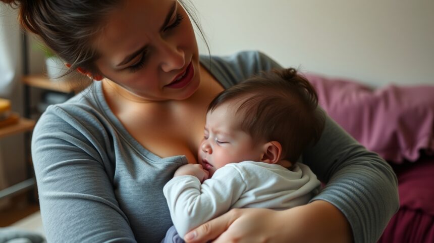 Anyuka szoptatja csecsemőjét egy kényelmes szobában.