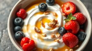 Görög joghurt friss bogyós gyümölcsökkel és mézzel tálalva