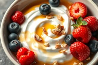 Görög joghurt friss bogyós gyümölcsökkel és mézzel tálalva